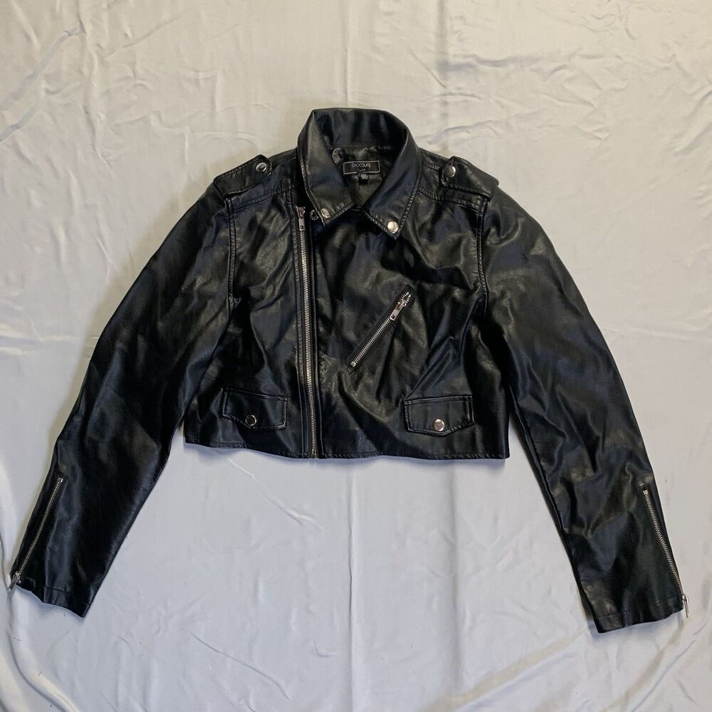 Chocolate USA Cropped Faux Leather Jacket Women's Medium Black Full Zip